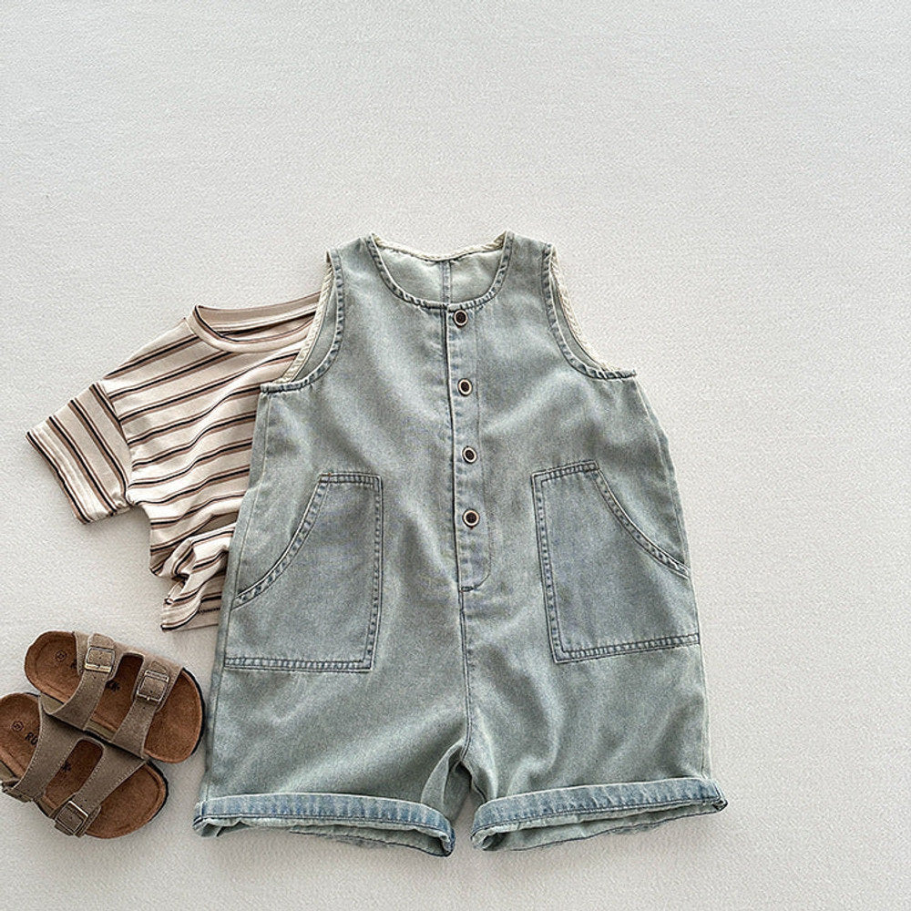 MyKids-USA® Unisex Baby Denim Sleeveless Half Open-Front Overalls Romper