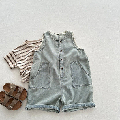 MyKids-USA® Unisex Baby Denim Sleeveless Half Open-Front Overalls Romper
