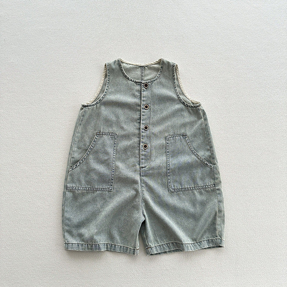 MyKids-USA® Unisex Baby Denim Sleeveless Half Open-Front Overalls Romper