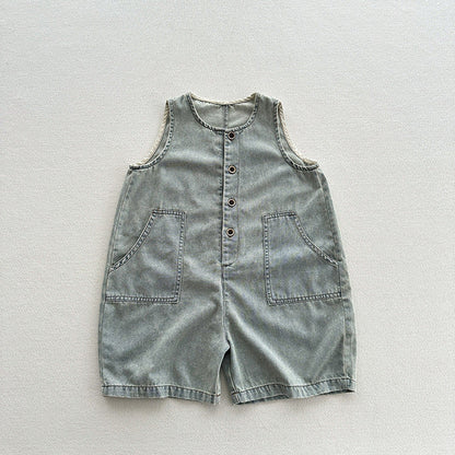 MyKids-USA® Unisex Baby Denim Sleeveless Half Open-Front Overalls Romper