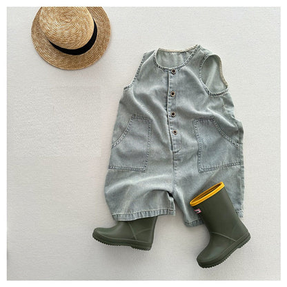 MyKids-USA® Unisex Baby Denim Sleeveless Half Open-Front Overalls Romper