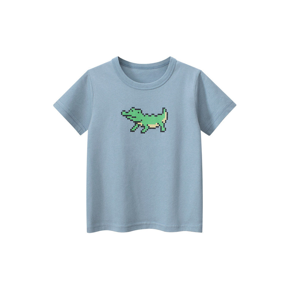 MyKids-USA® Boys’ Cartoon Pixel Crocodile Pattern T-Shirt In European And American Style