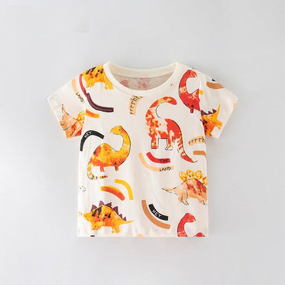 MyKids-USA® Girls’ Cartoon Orange Dinosaur Pattern Short Sleeves T-Shirt In European And American Style