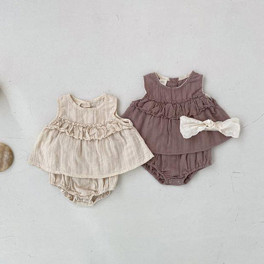 MyKids-USA® Baby Girls Sleeveless Pleated Solid Color Top Vest Dress And Bloomers Clothing Set