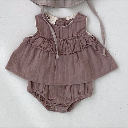 Summer Hot Selling Baby Girls Sleeveless Pleated Solid Color Top Vest Dress And Bloomers Clothing Set
