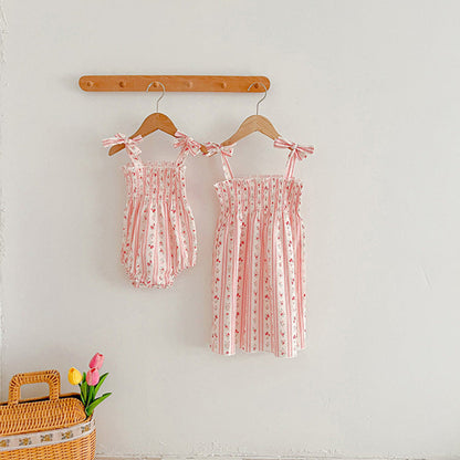 Design Summer Girls Floral Striped Sleeveless Strap bodysuit And Dress – Sister Matching Clothing Set