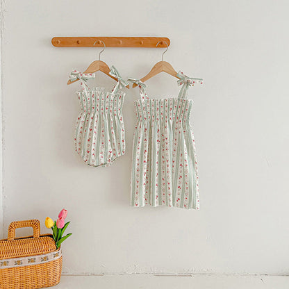 Design Summer Girls Floral Striped Sleeveless Strap bodysuit And Dress – Sister Matching Clothing Set
