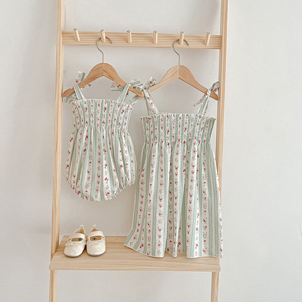 Design Summer Girls Floral Striped Sleeveless Strap bodysuit And Dress – Sister Matching Clothing Set
