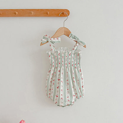 Design Summer Girls Floral Striped Sleeveless Strap bodysuit And Dress – Sister Matching Clothing Set