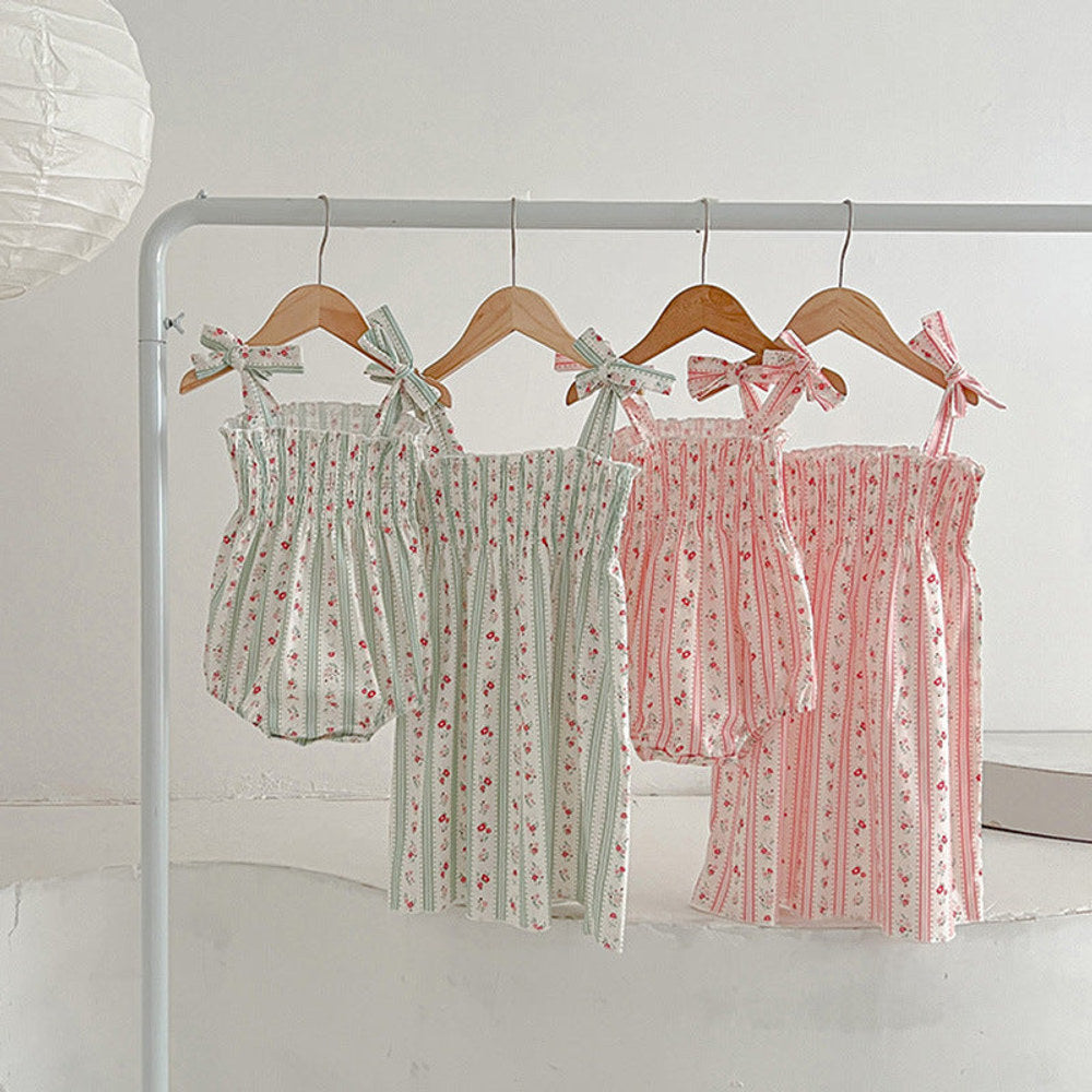 Design Summer Girls Floral Striped Sleeveless Strap bodysuit And Dress – Sister Matching Clothing Set