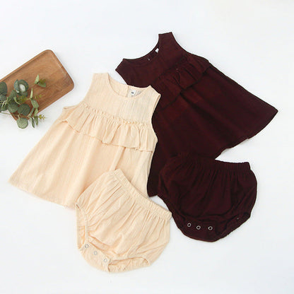 MyKids-USA® Baby Girls Sleeveless Pleated Solid Color Top Vest Dress And Bloomers Clothing Set