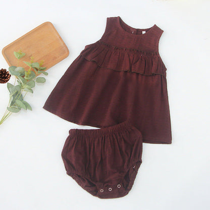 MyKids-USA® Baby Girls Sleeveless Pleated Solid Color Top Vest Dress And Bloomers Clothing Set