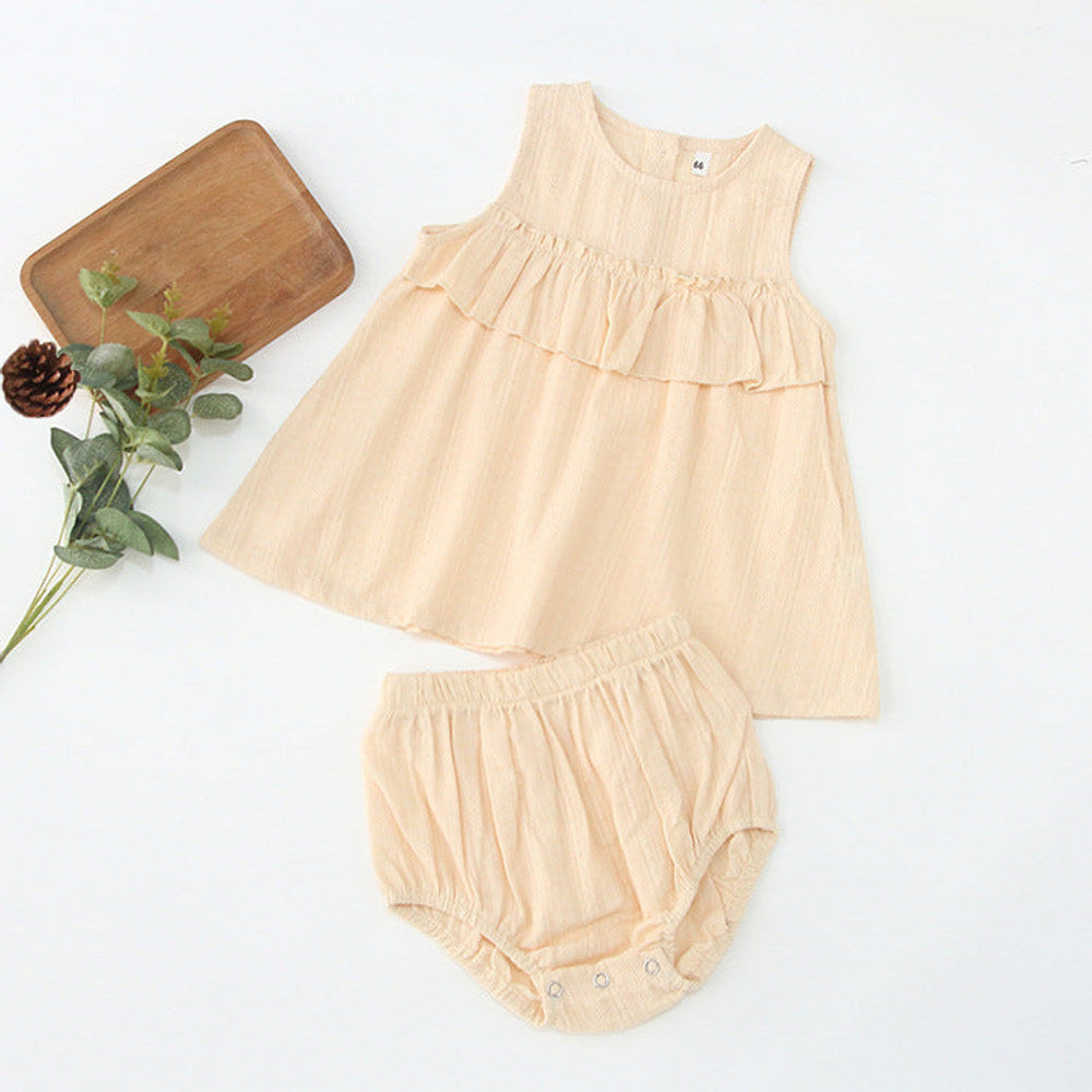 MyKids-USA® Baby Girls Sleeveless Pleated Solid Color Top Vest Dress And Bloomers Clothing Set