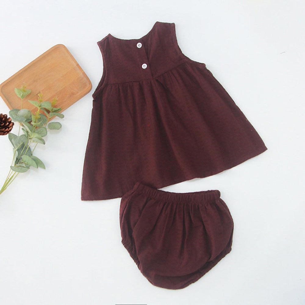 MyKids-USA® Baby Girls Sleeveless Pleated Solid Color Top Vest Dress And Bloomers Clothing Set