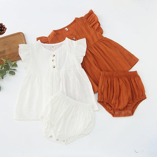 MyKids-USA® Baby Girls Fly Sleeves Solid Color Top Dress And Bloomers Clothing Set
