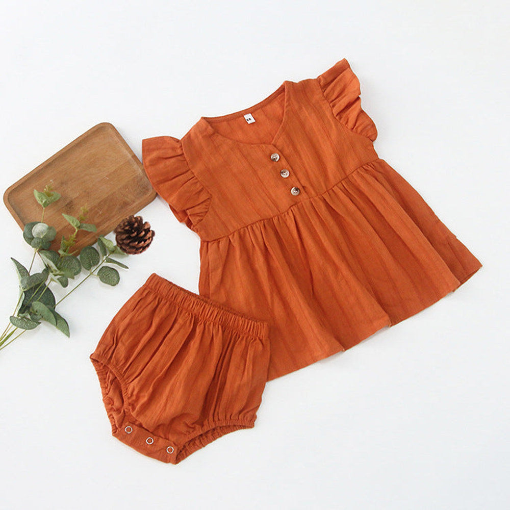 MyKids-USA® Baby Girls Fly Sleeves Solid Color Top Dress And Bloomers Clothing Set