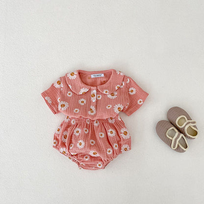 MyKids-USA® ummer Baby Girls Short Sleeves Flowers Pattern Top Peter Pan Collar Shirt And Bloomers Pajamas Clothing Set