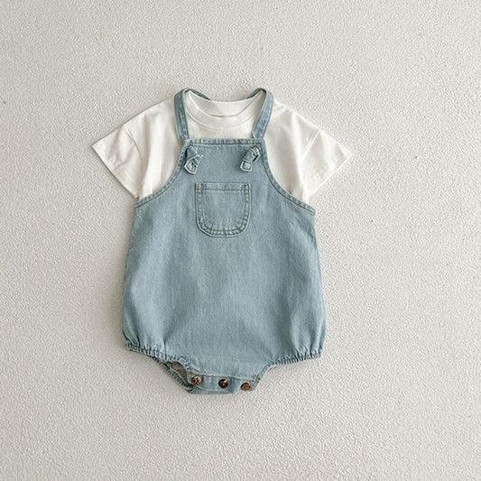 MyKids-USA® Baby Kids Unisex Solid Color White Short Sleeves T-Shirt And Thin Denim bodysuit Clothing Set