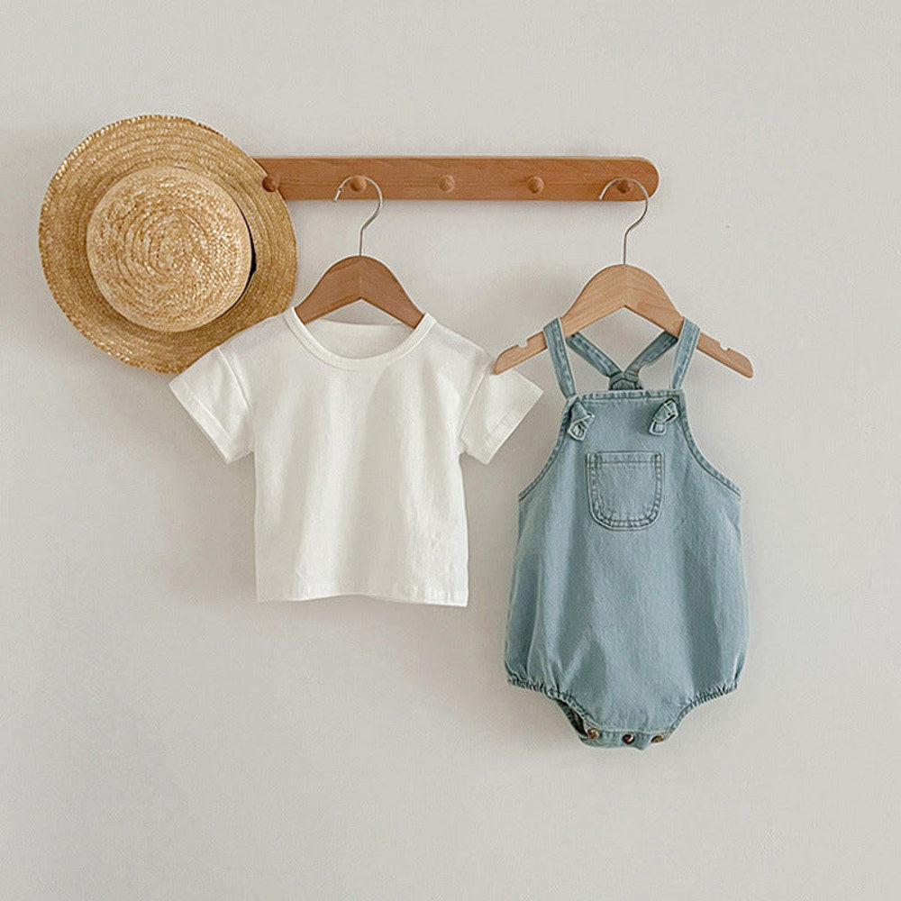 MyKids-USA® Baby Kids Unisex Solid Color White Short Sleeves T-Shirt And Thin Denim bodysuit Clothing Set