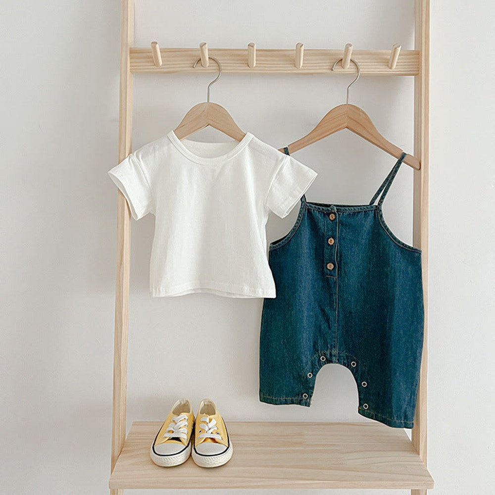 MyKids-USA® Baby Kids Unisex Solid Color Short Sleeves White T-Shirt And Denim Overalls Romper – Baby Clothing Set