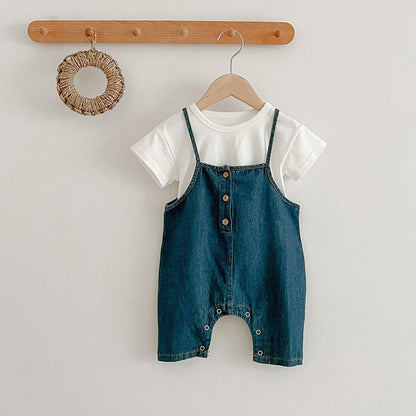 MyKids-USA® Baby Kids Unisex Solid Color Short Sleeves White T-Shirt And Denim Overalls Romper – Baby Clothing Set