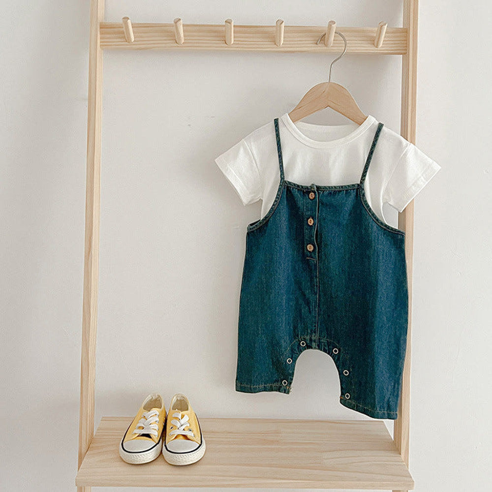 MyKids-USA® Baby Kids Unisex Solid Color Short Sleeves White T-Shirt And Denim Overalls Romper – Baby Clothing Set