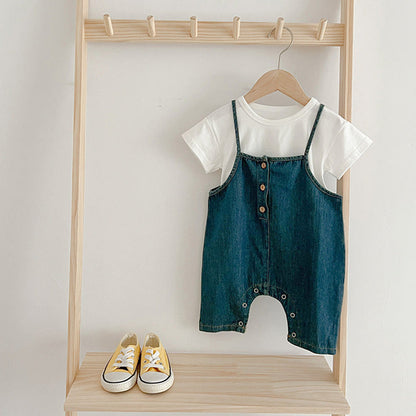 MyKids-USA® Baby Kids Unisex Solid Color Short Sleeves White T-Shirt And Denim Overalls Romper – Baby Clothing Set