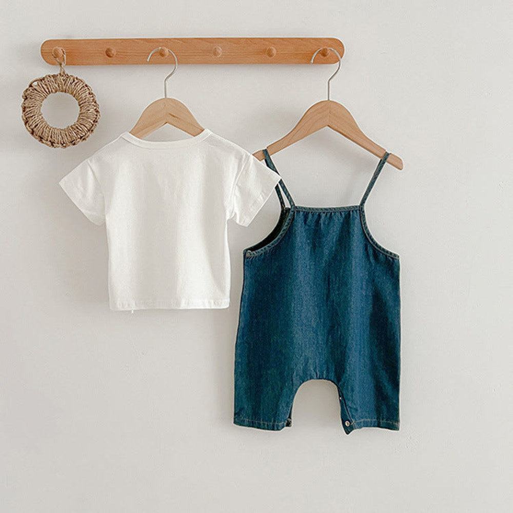 MyKids-USA® Baby Kids Unisex Solid Color Short Sleeves White T-Shirt And Denim Overalls Romper – Baby Clothing Set
