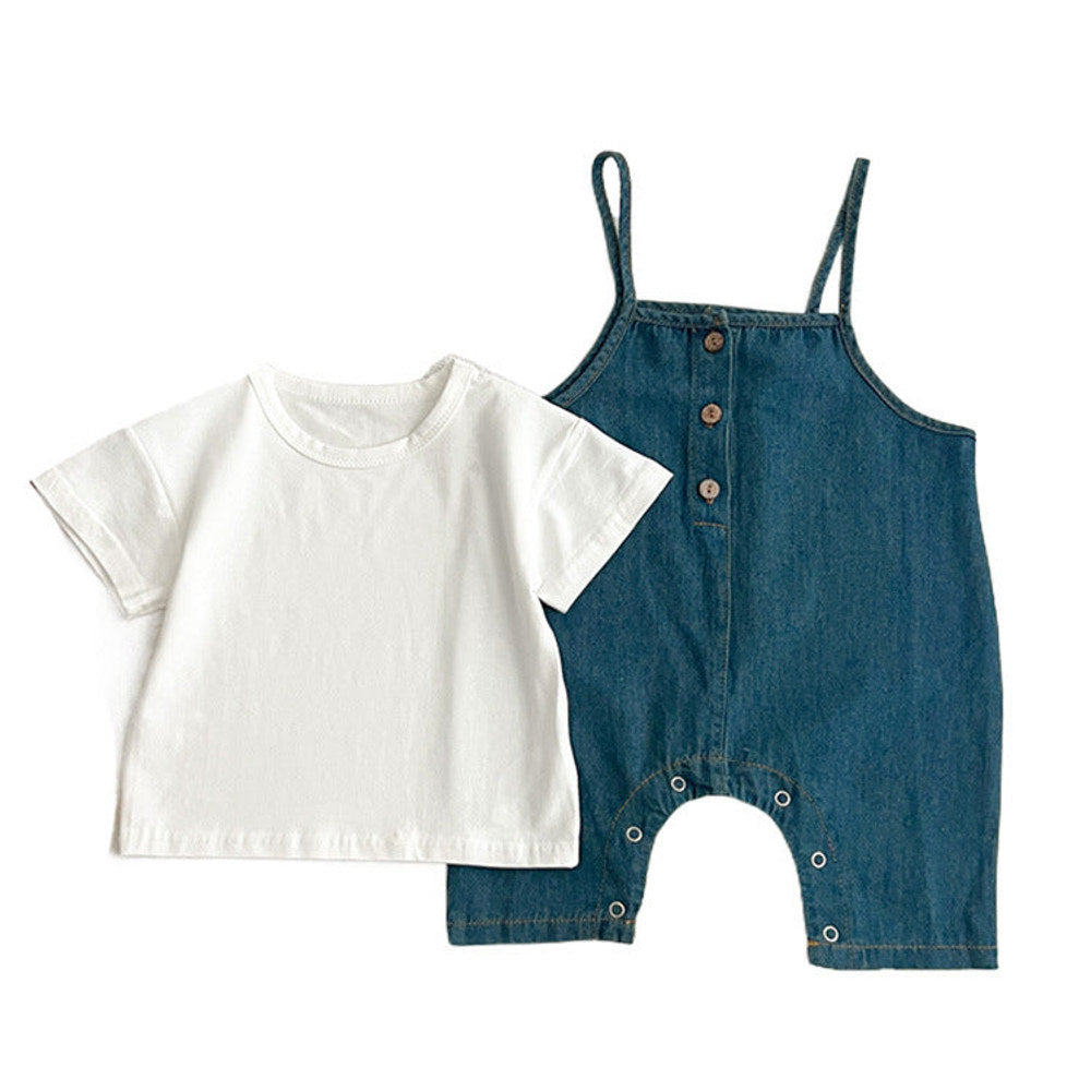 MyKids-USA® Baby Kids Unisex Solid Color Short Sleeves White T-Shirt And Denim Overalls Romper – Baby Clothing Set
