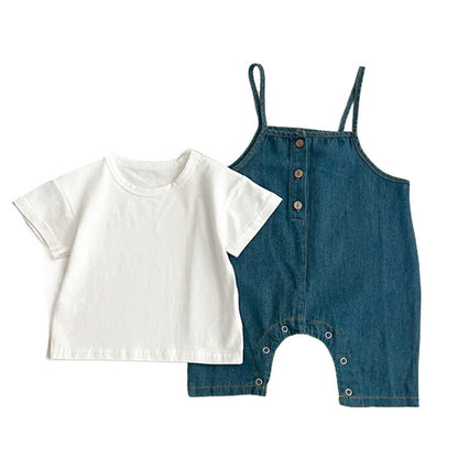 MyKids-USA® Baby Kids Unisex Solid Color Short Sleeves White T-Shirt And Denim Overalls Romper – Baby Clothing Set