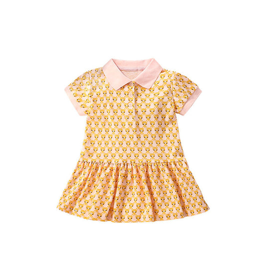 MyKids-USA® Summer New Design Girls’ Numerous Rabbits Pattern Turn-Down Collar Short Sleeves Dress