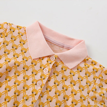MyKids-USA® New Design Girls’ Numerous Rabbits Pattern Turn-Down Collar Short Sleeves Dress