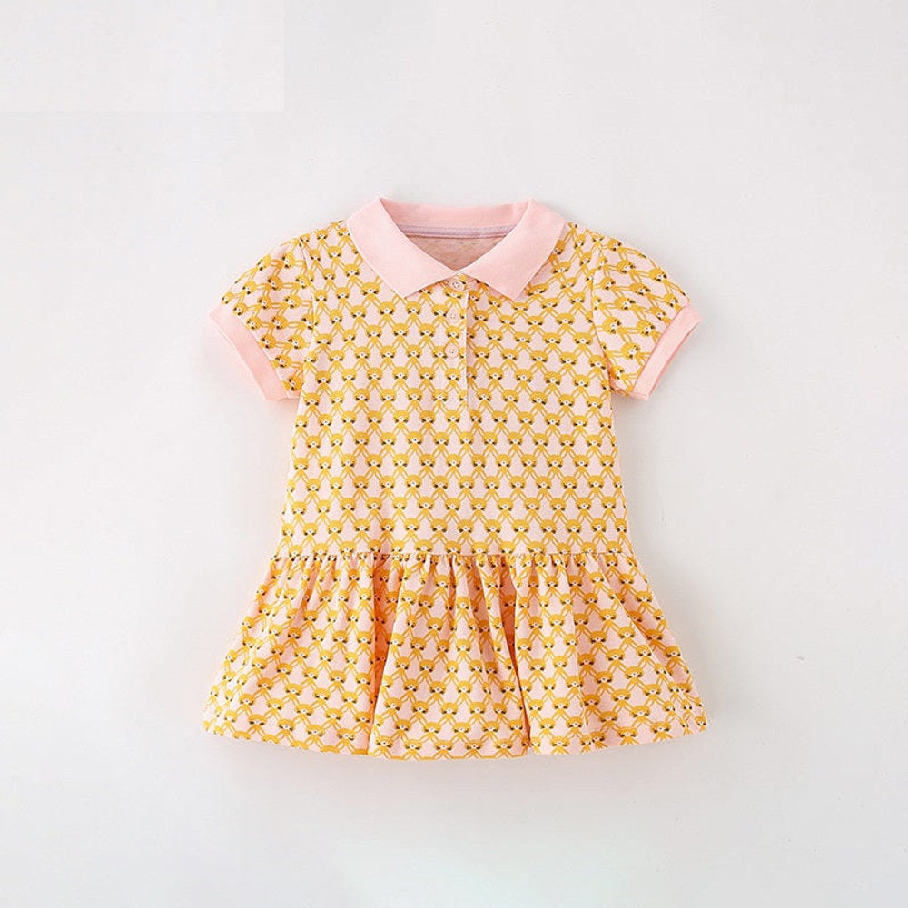 MyKids-USA® New Design Girls’ Numerous Rabbits Pattern Turn-Down Collar Short Sleeves Dress
