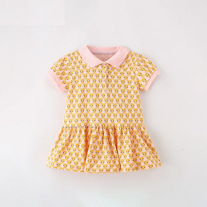 MyKids-USA® New Design Girls’ Numerous Rabbits Pattern Turn-Down Collar Short Sleeves Dress