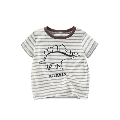 MyKids-USA® Boys’ Simple Dinosaur Pattern Striped Short Sleeves T-Shirt In European And American Style