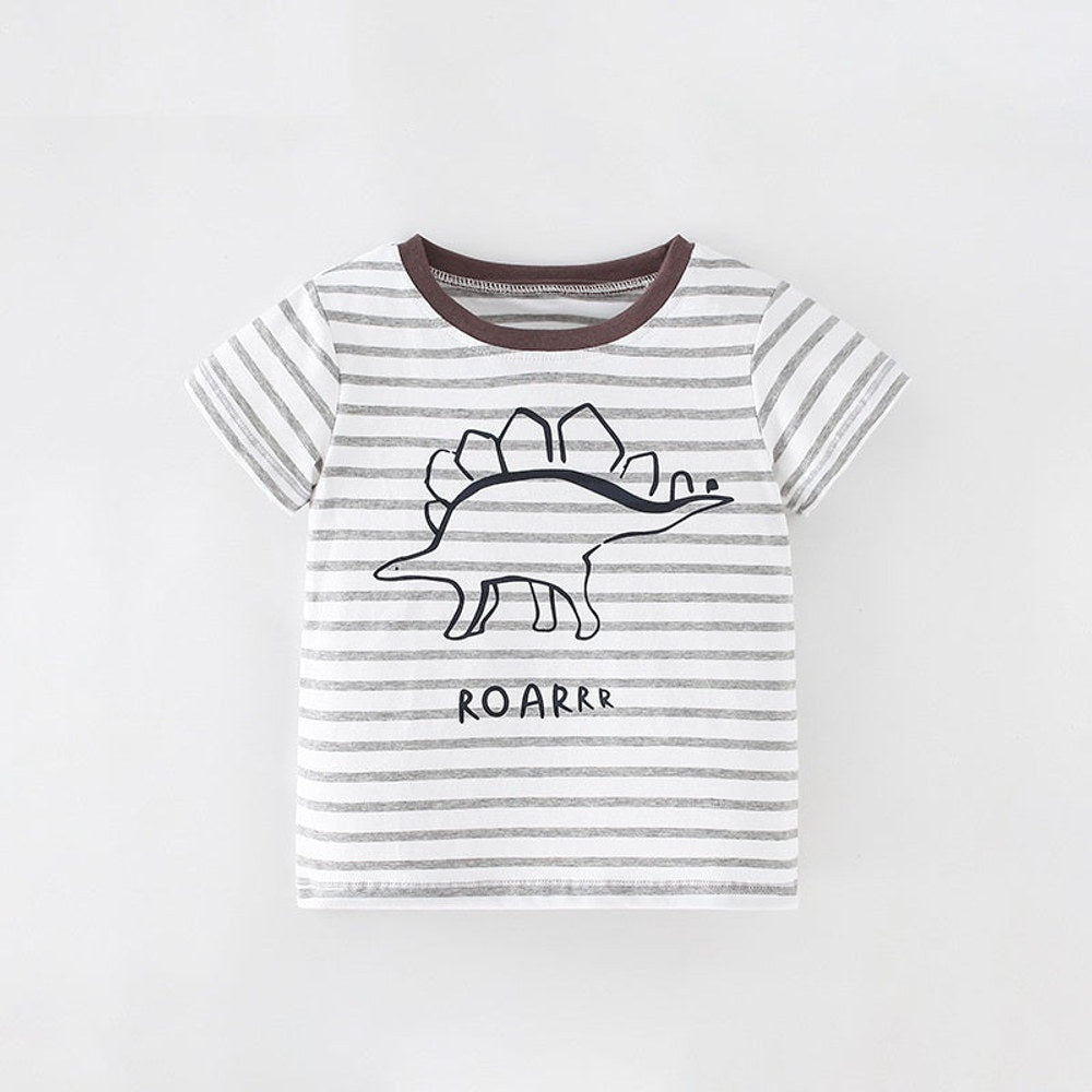 MyKids-USA® Boys’ Simple Dinosaur Pattern Striped Short Sleeves T-Shirt In European And American Style