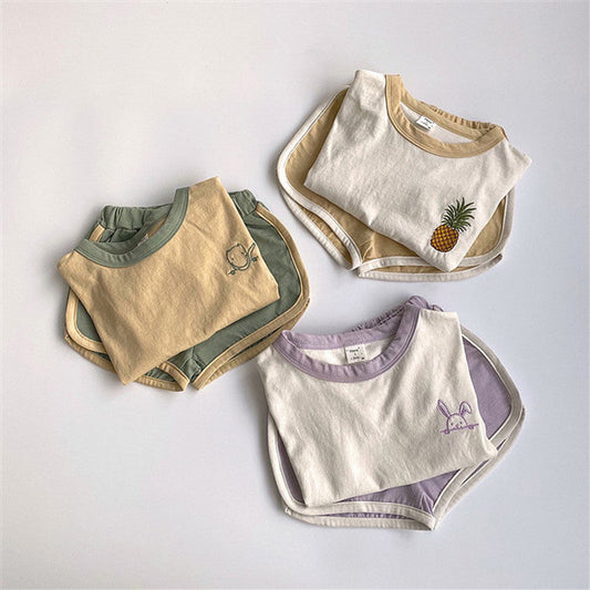 MyKids-USA® Baby Kids Unisex Embroidery Logo Short Sleeves Crew Neck T-Shirt And Shorts Clothing Sets