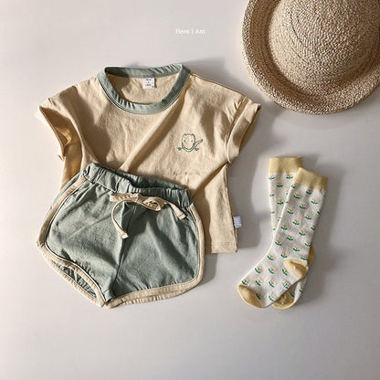 MyKids-USA® Baby Kids Unisex Embroidery Logo Short Sleeves Crew Neck T-Shirt And Shorts Clothing Sets