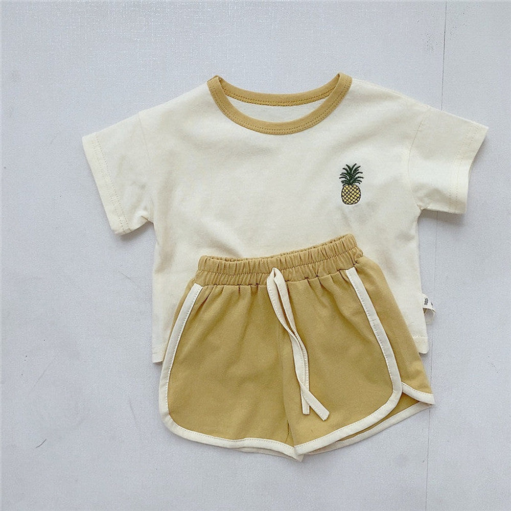 MyKids-USA® Baby Kids Unisex Embroidery Logo Short Sleeves Crew Neck T-Shirt And Shorts Clothing Sets