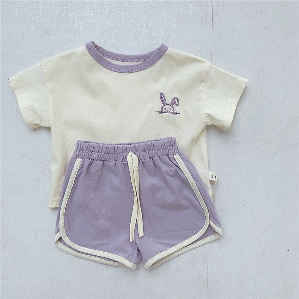 MyKids-USA® Baby Kids Unisex Embroidery Logo Short Sleeves Crew Neck T-Shirt And Shorts Clothing Sets