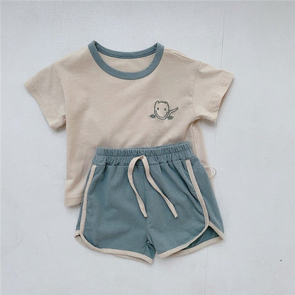 MyKids-USA® Baby Kids Unisex Embroidery Logo Short Sleeves Crew Neck T-Shirt And Shorts Clothing Sets