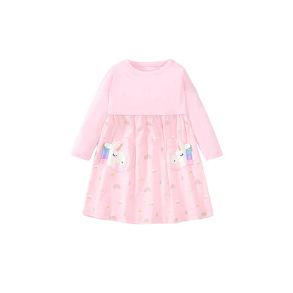 MyKids-USA® Girls Long Sleeves Rainbow And Unicorn Pattern Crew Neck Dress