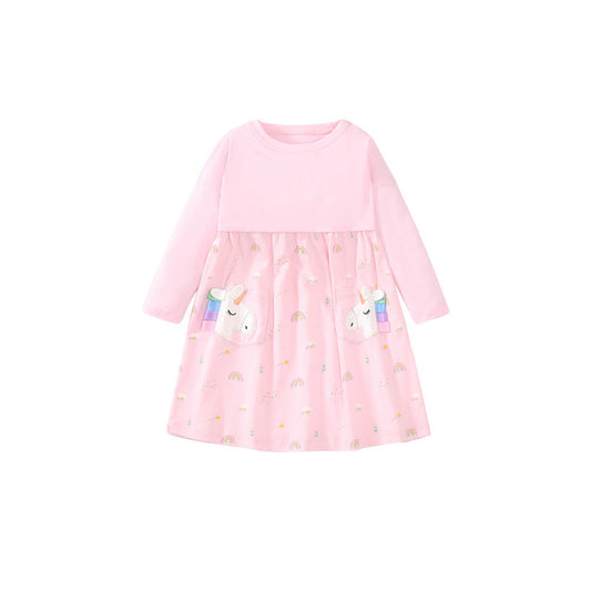 MyKids-USA® Arrival Autumn Girls Long Sleeves Rainbow And Unicorn Pattern Crew Neck Dress