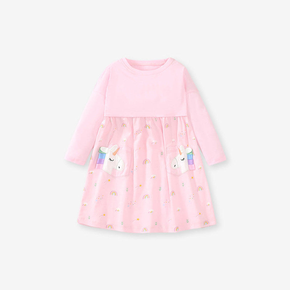 MyKids-USA® Girls Long Sleeves Rainbow And Unicorn Pattern Crew Neck Dress
