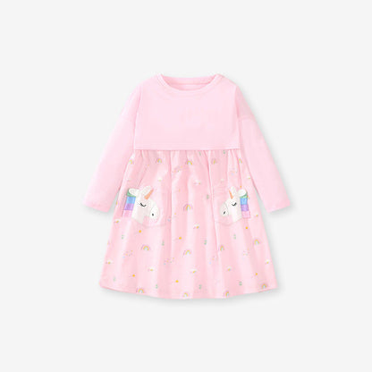 MyKids-USA® Girls Long Sleeves Rainbow And Unicorn Pattern Crew Neck Dress