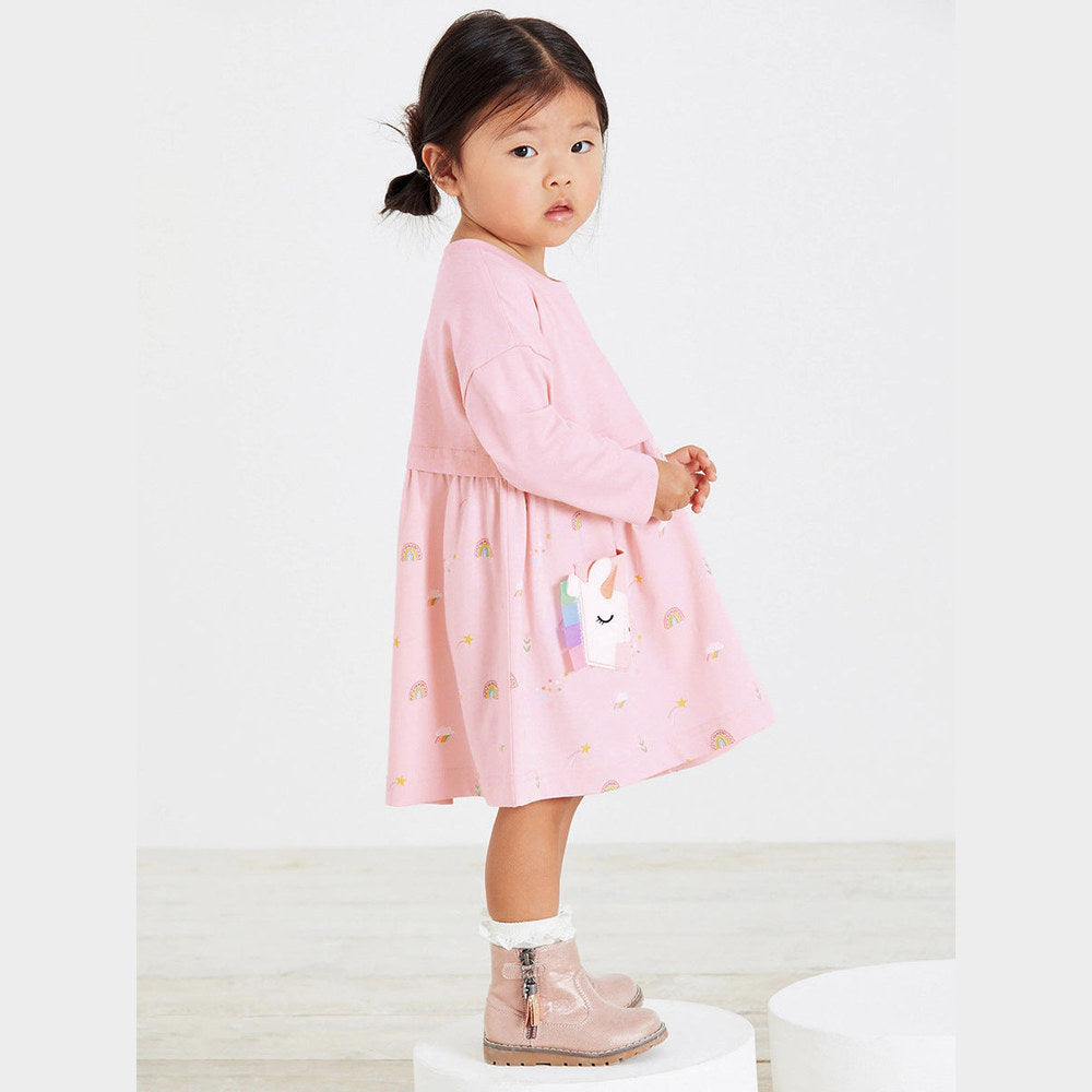 MyKids-USA® Girls Long Sleeves Rainbow And Unicorn Pattern Crew Neck Dress