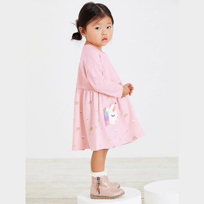 MyKids-USA® Girls Long Sleeves Rainbow And Unicorn Pattern Crew Neck Dress