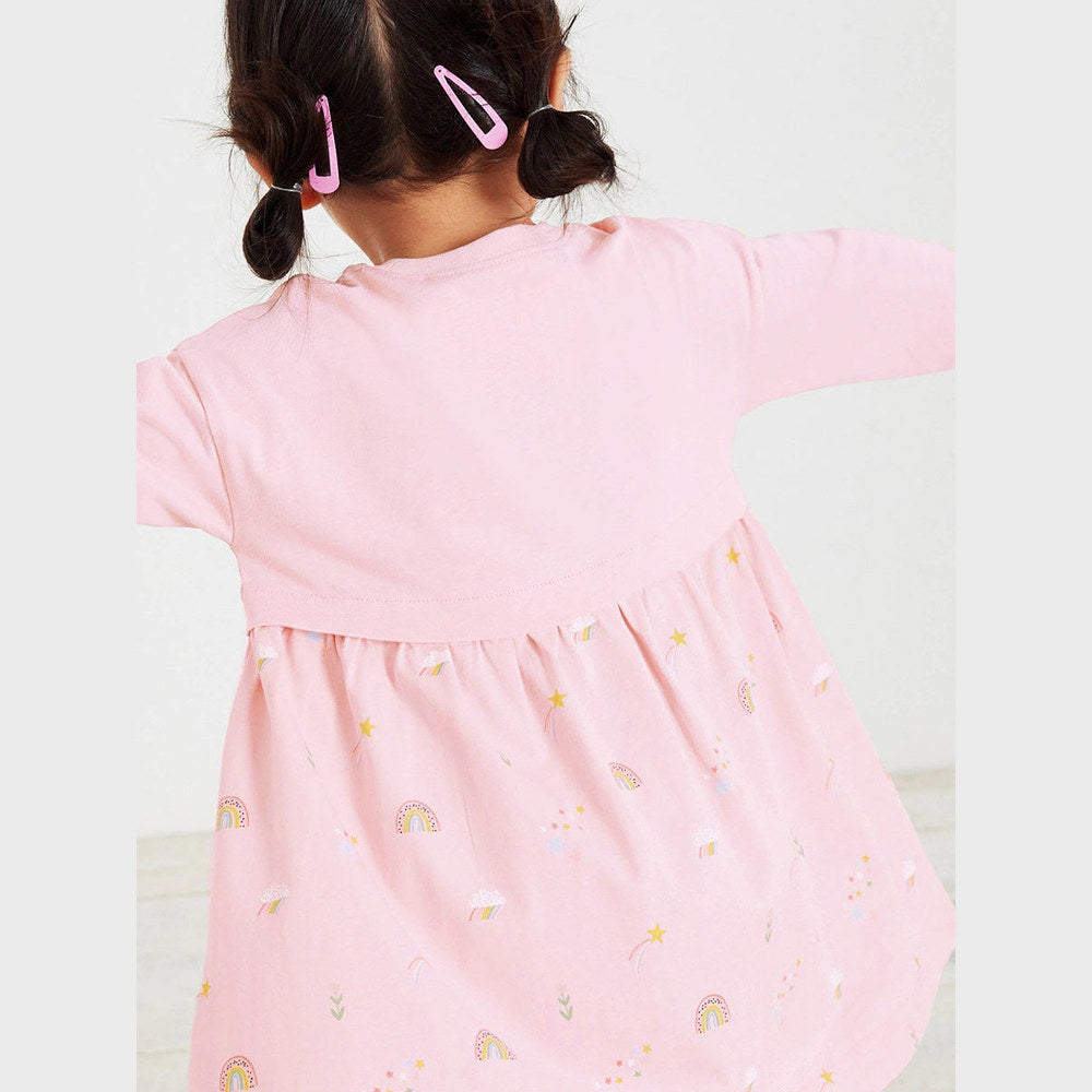 MyKids-USA® Girls Long Sleeves Rainbow And Unicorn Pattern Crew Neck Dress