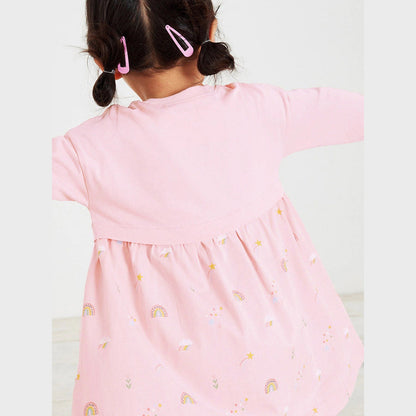 MyKids-USA® Girls Long Sleeves Rainbow And Unicorn Pattern Crew Neck Dress