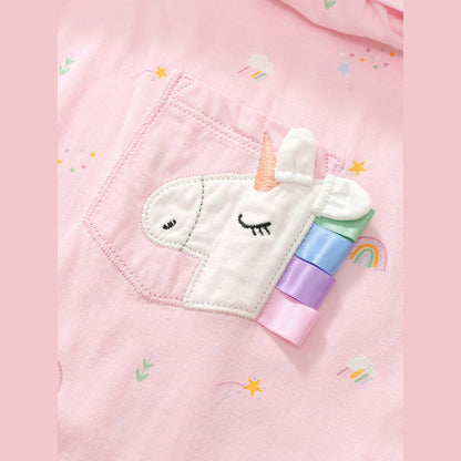 MyKids-USA® Girls Long Sleeves Rainbow And Unicorn Pattern Crew Neck Dress